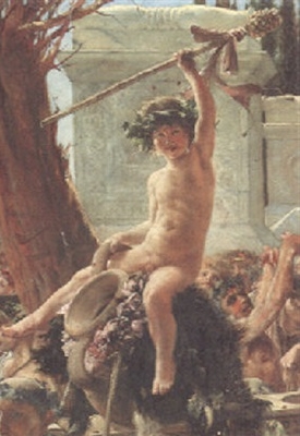 Dionisio en procesión triunfante, volviendo con una muchedumbre tumultuosa desde un lugar más allá de los límites de lo conocido y civilizado